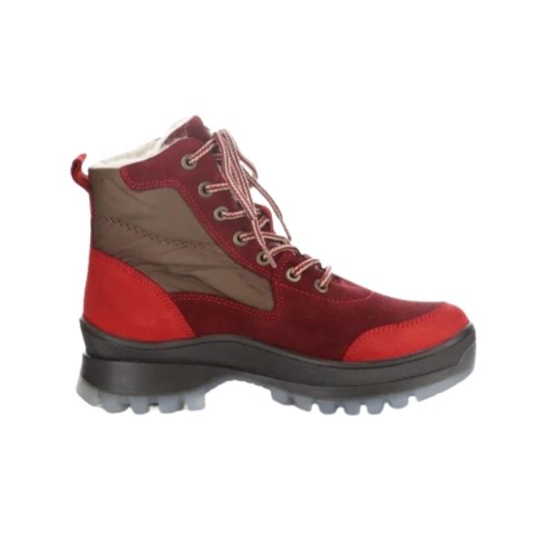 Red and bronze ankle boot with lace closure and lugged black and grey outsole.