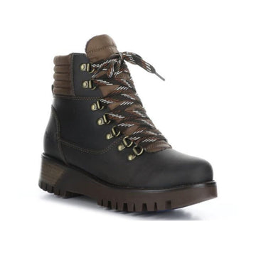 Dark brown leather ankle boot with laces and a thick lugged outsole.