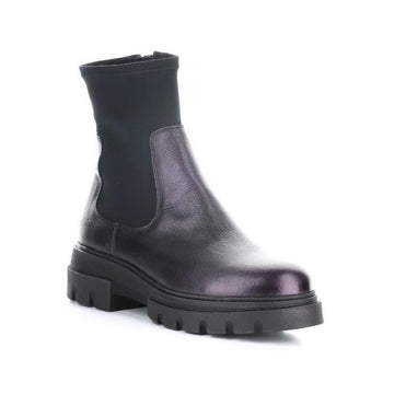 Purple metallic leather boot with black stretch collar and lugged platform outsole.