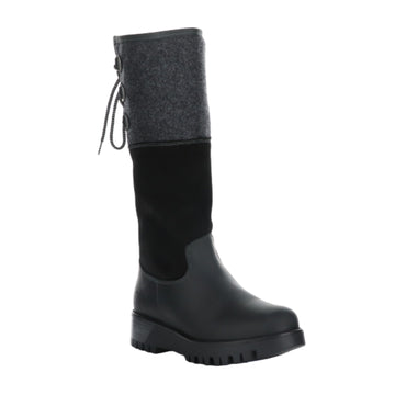 Black high boot with rubber foot, fabric mid and wool top with partial back laces