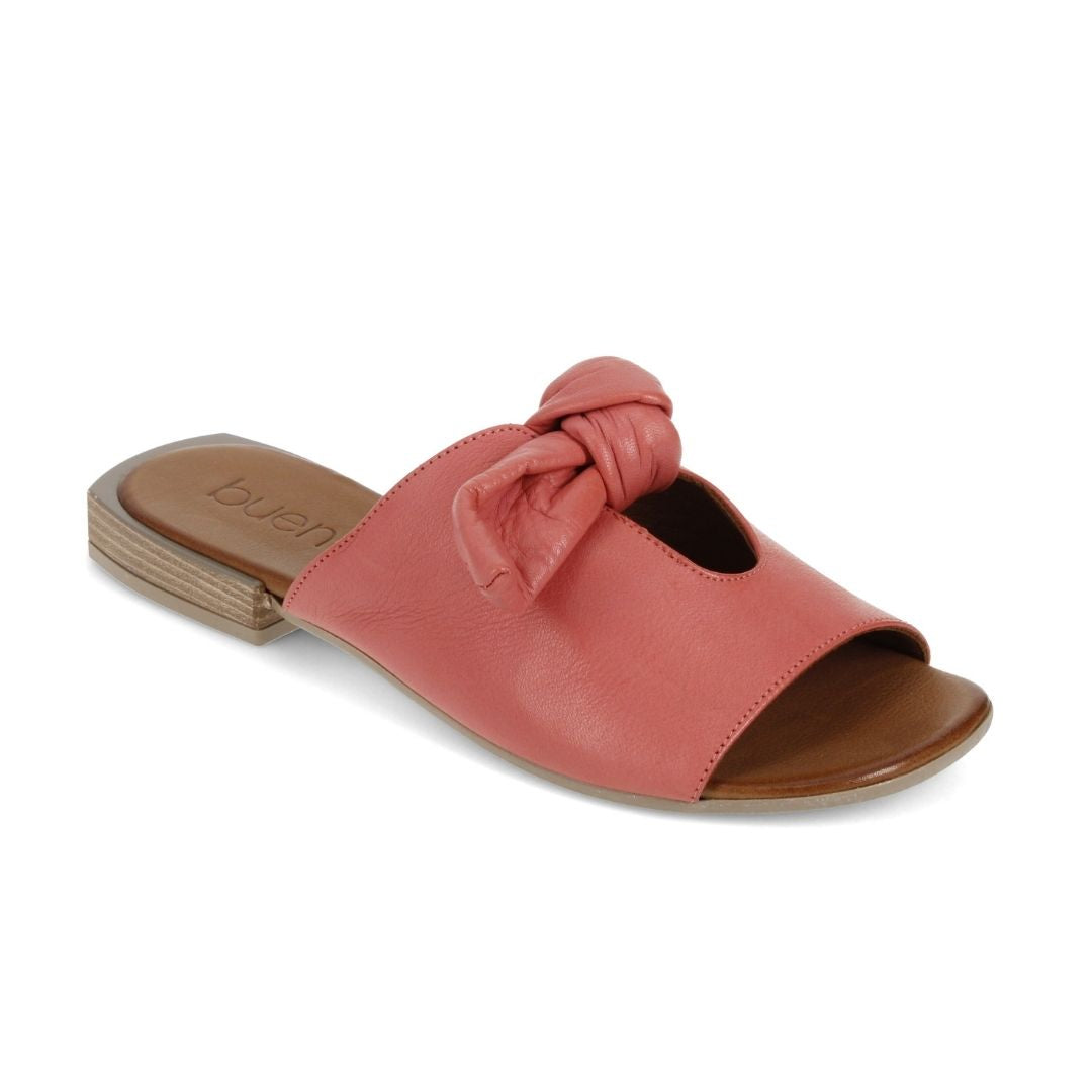 Bueno made coral coloured leather slide sandal with bow detail.
