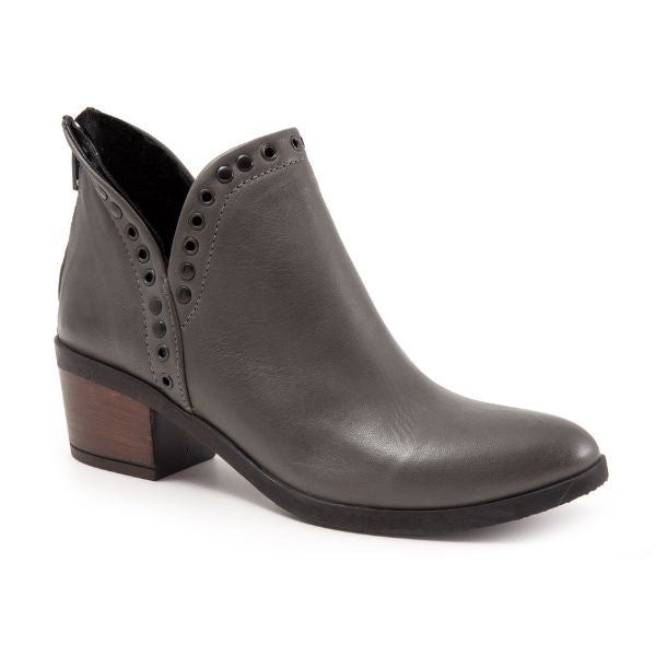 Grey leather ankle boot with back zipper, v cut, stud details and low block heel. 