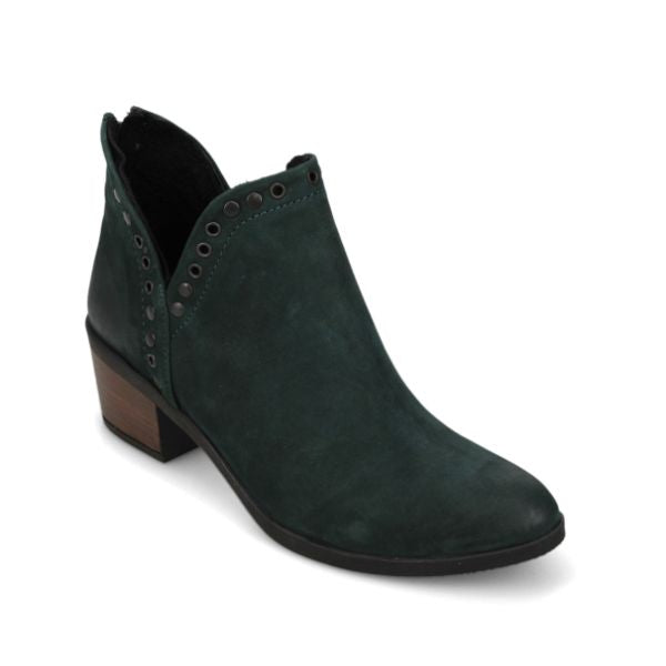 Green nubuck leather ankle boot with back zipper, v cut, stud details and low block heel. 