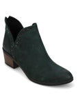 Green nubuck leather ankle boot with back zipper, v cut, stud details and low block heel. 