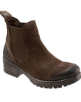 Brown nubuck Florida ankle boot by Bueno has a thick side elastic and thick outsole with heel