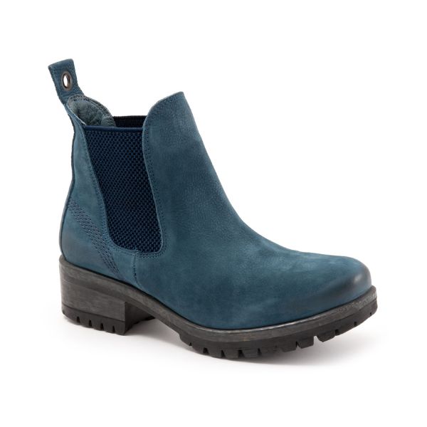 Blue nubuck leather Chelsea boot by Bueno has a thick side elastic and thick outsole with heel