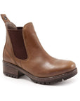 Brown leather Florida ankle boot by Bueno has a thick side elastic and thick outsole with heel