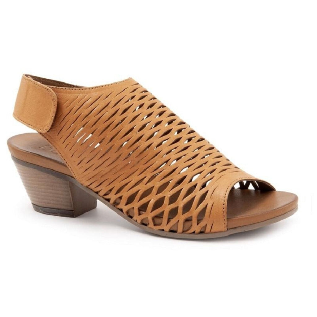 The Lacey by Bueno is a low heel, caged sling back sandal in brown leather with perforated thick net style upper