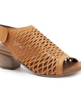 The Lacey by Bueno is a low heel, caged sling back sandal in brown leather with perforated thick net style upper