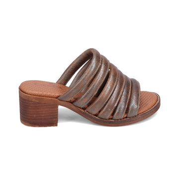 Brown slide sandal with stacked heel.