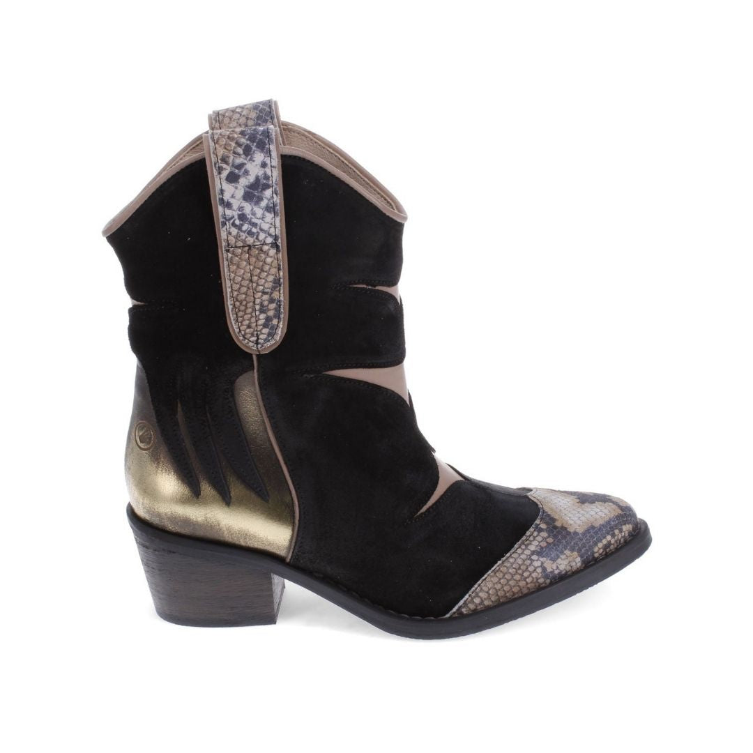 Side view of Mid-height black suede ankle boot with snakeprint and metallic accents