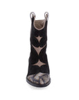 Front view of Mid-height black suede ankle boot with snakeprint and metallic accents