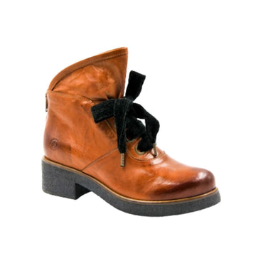 Brown leather ankle boot with oversized velvet laces and a crepe rubber outsole.