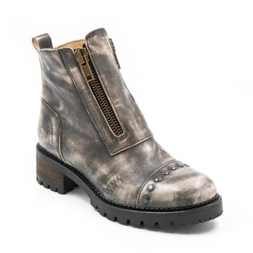 Grey distressed ankle boots with two zipper closures on top of foot.