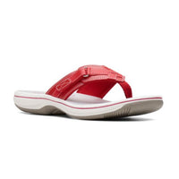 Thong sandal with white and grey footbed and red upper with cute velcro close detail