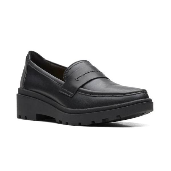 Black leather loafer with black platform outsole.