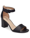 Black leather heeled dress sandal with adjustable ankle strap.