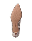 Bottom tan outsole on the pointed toe snake printed leather low kitten heeled pump by Clarks.