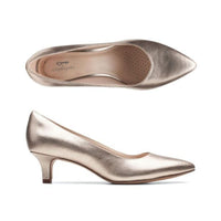 Top and side view of Clarks rose gold kitten heel with pointed toe.