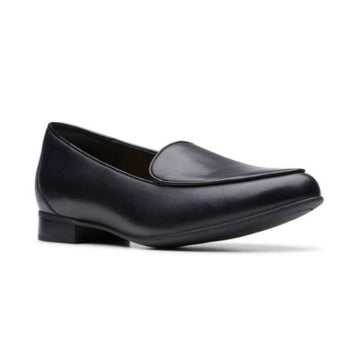 Black leather loafer with low stacked heel.