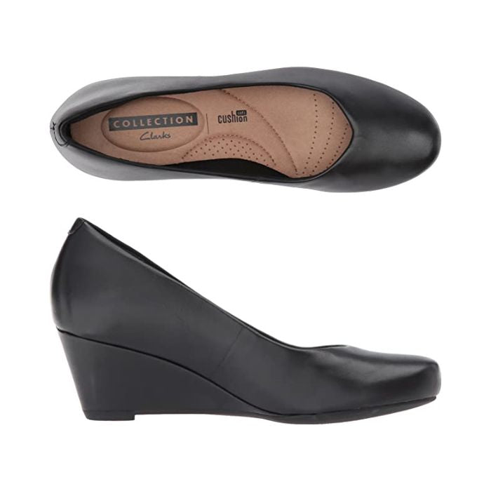 Top and side view of black leather wedge shoe. Clarks logo printed on insole.