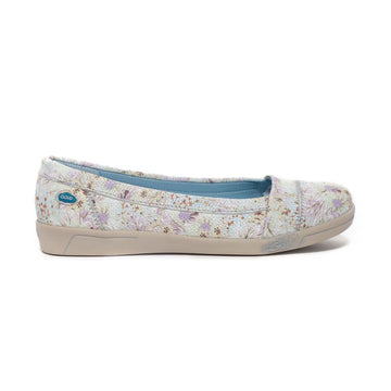 Light floral pattered ballerina flat with beige outsole and blue Cloud footwear at heel.