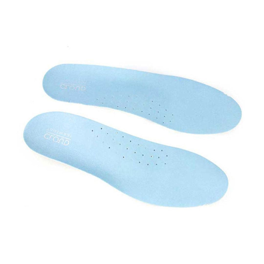 A pair of blue insoles with arch support. Cloud Footwear logo on heel.