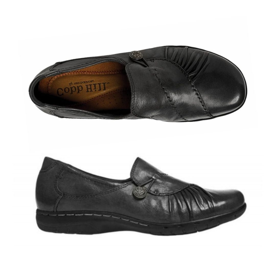 Top and side view of black slip on shoe with front gathering and pewter button.
