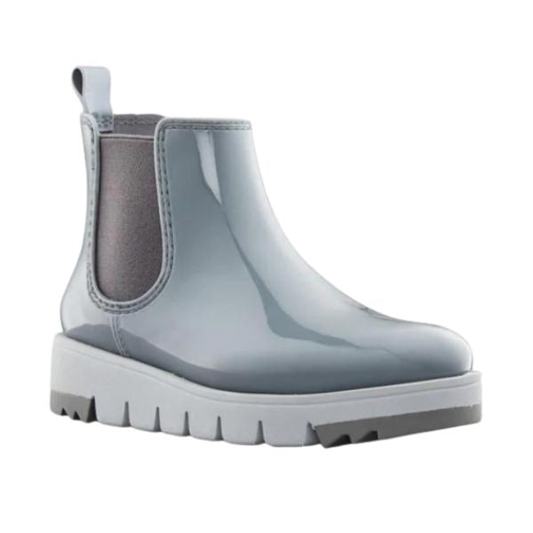 Blue coloured rain Chelsea ankle boot with thick outsole, heel pull tab and side elastic goring.