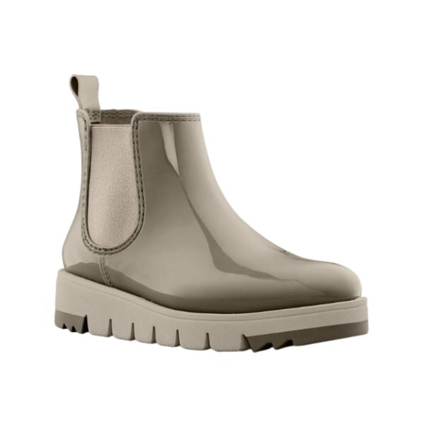 Taupe coloured rain Chelsea ankle boot with thick outsole, heel pull tab and side elastic goring.