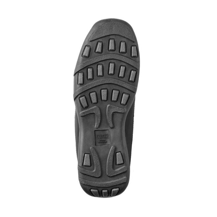Black outsole of Cougar's Howdoo slip-on shoe. Cougar logo in center.