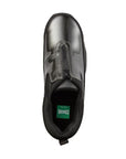 Top view of pewter shoe with black top zipper. Green Cougar logo on heel of insole.