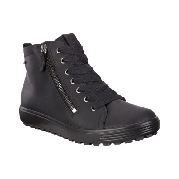 Black ankle boot with laces and side zipper.