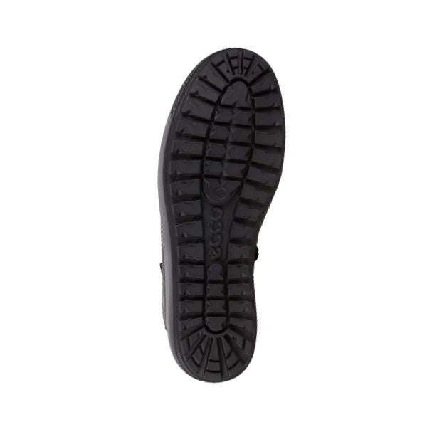 Black boot outsole with grip and Ecco logo on middle.