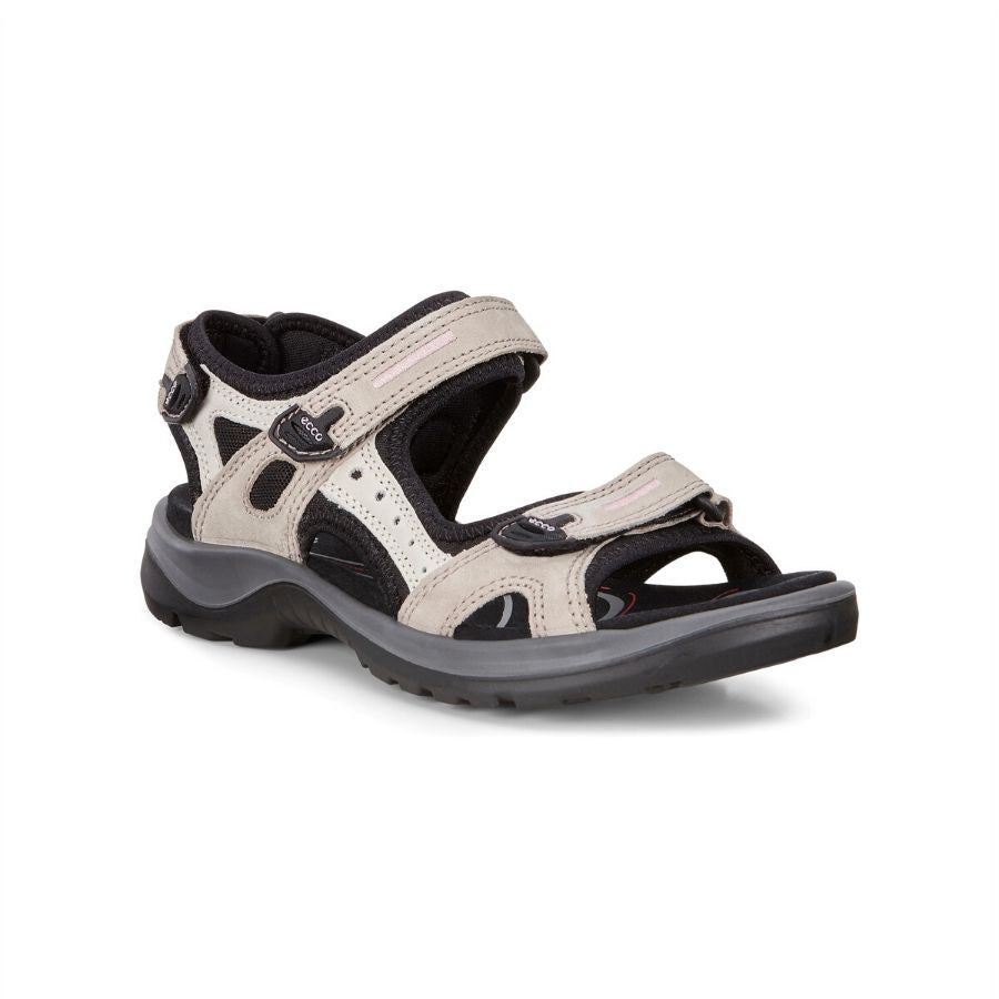 Beige sport sandal with three adjustable straps, grey midsole and black outsole.