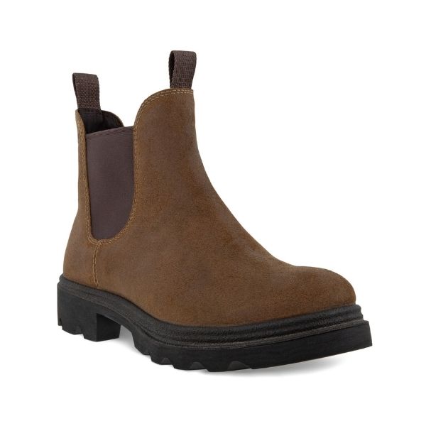 Brown nubuck leather Chelsea boot with pull tabs, elastic side goring and lugged outsole