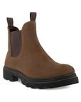 Brown nubuck leather Chelsea boot with pull tabs, elastic side goring and lugged outsole