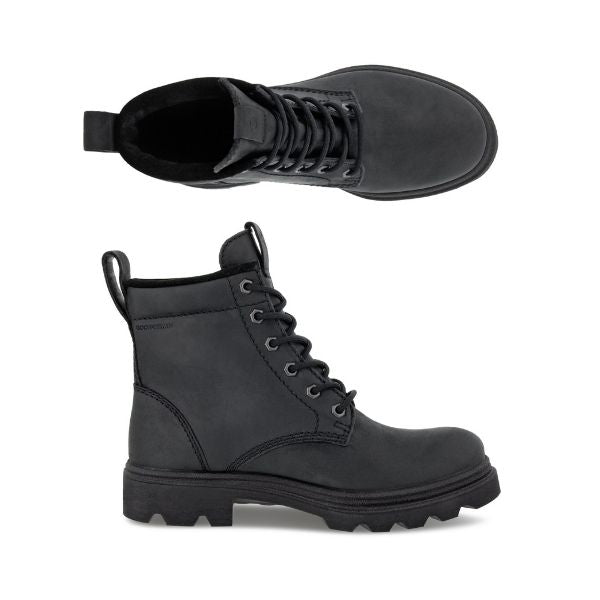 Black leather combat boot with laces, heel pull tab, and lugged outsole.