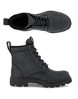 Black leather combat boot with laces, heel pull tab, and lugged outsole.