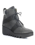 Grey suede leather booties with black thick platform wedge outsole.