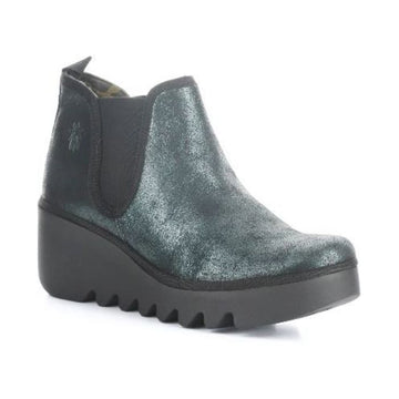 Green metallic bootie with black elastic side goring and platform wedge outsole.
