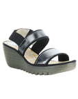 Pewter sandal on a platform wedge outsole.