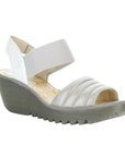 Silver leather sandal on a platform wedge outsole.