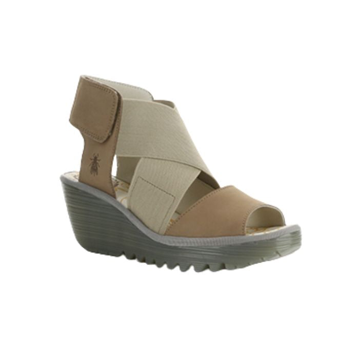 Sand brown leather platform wedge with adjustable ankle strap.
