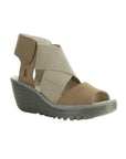 Sand brown leather platform wedge with adjustable ankle strap.