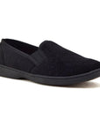 Black slip on slipper with embossment and elastic side goring
