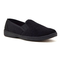 Black slip on slipper with embossment and elastic side goring