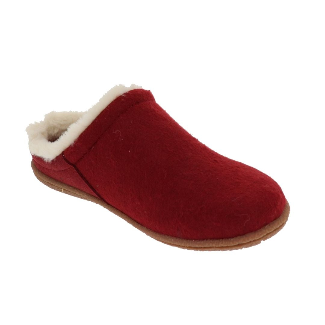 Red slip on slipper with white faux fur and a brown rubber outsole