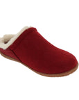 Red slip on slipper with white faux fur and a brown rubber outsole