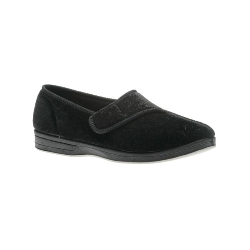 Black slipper with side Velcro closure and black outsole